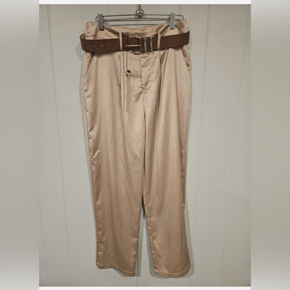 Mustard Seed Belted Satin Ankle Pants Trousers Women's Large NWT Beige